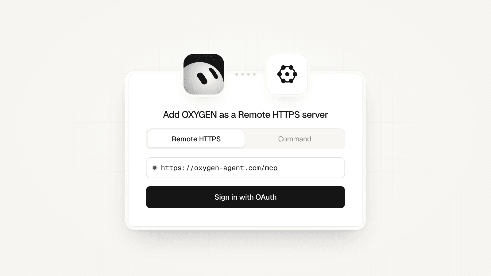 A connect card with the Grok Bot mark linked to the OXYGEN mark: Remote HTTPS, https://getoxygengtm.com/mcp, and Sign in with OAuth.